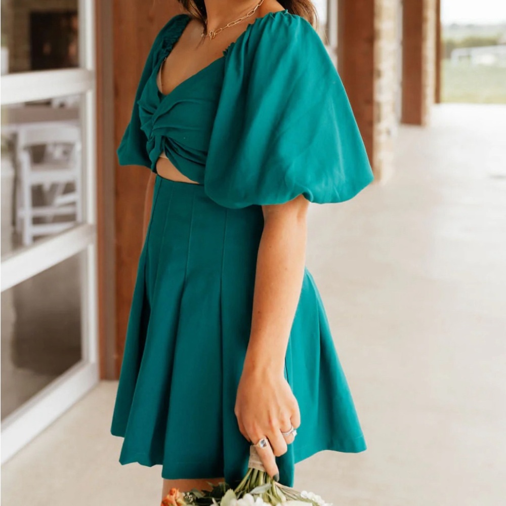 Teal Puff Sleeve Dress